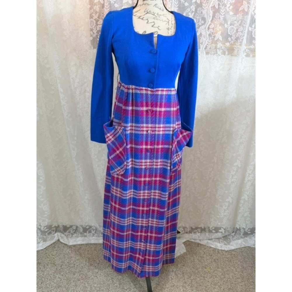 Vintage Jane Martin II California Blue Plaid Maxi Dress Long Sleeve Square Neck